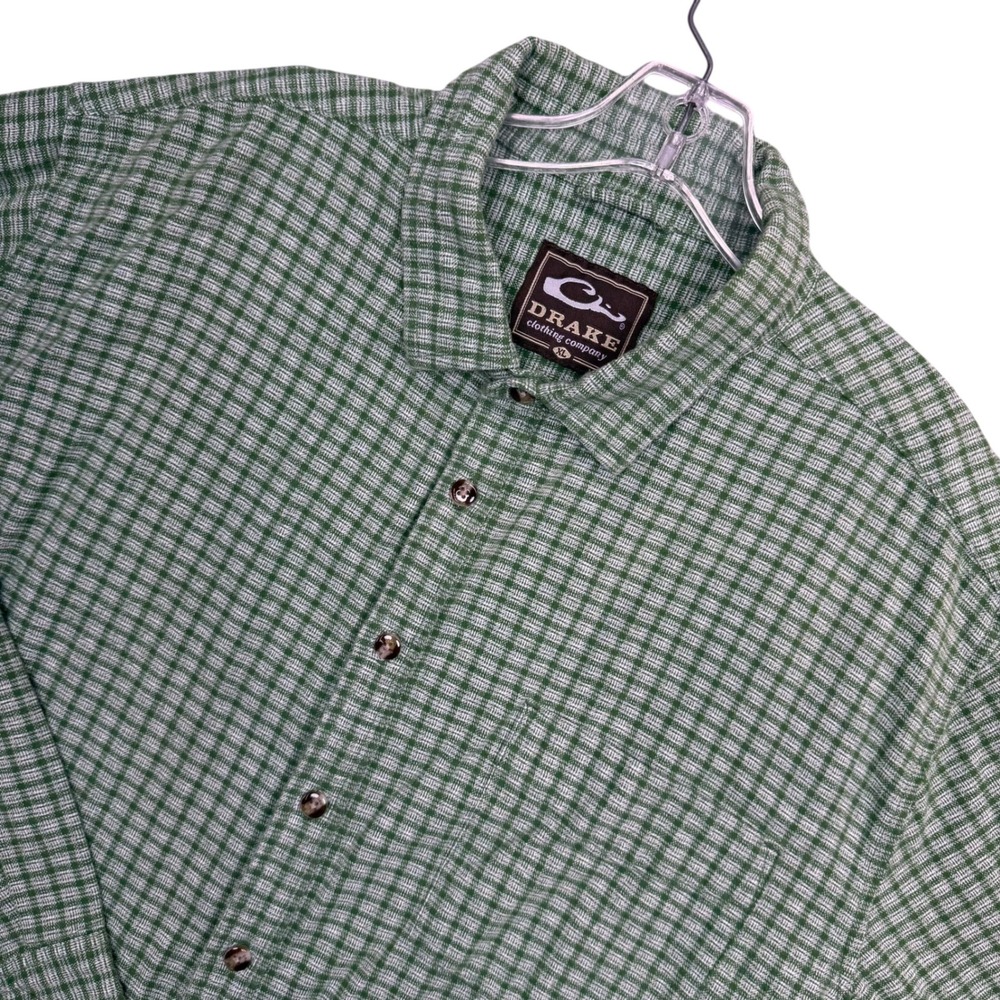 Drake Clothing Company Button Down Shirt Mens XL Green White Check Long Sleeve